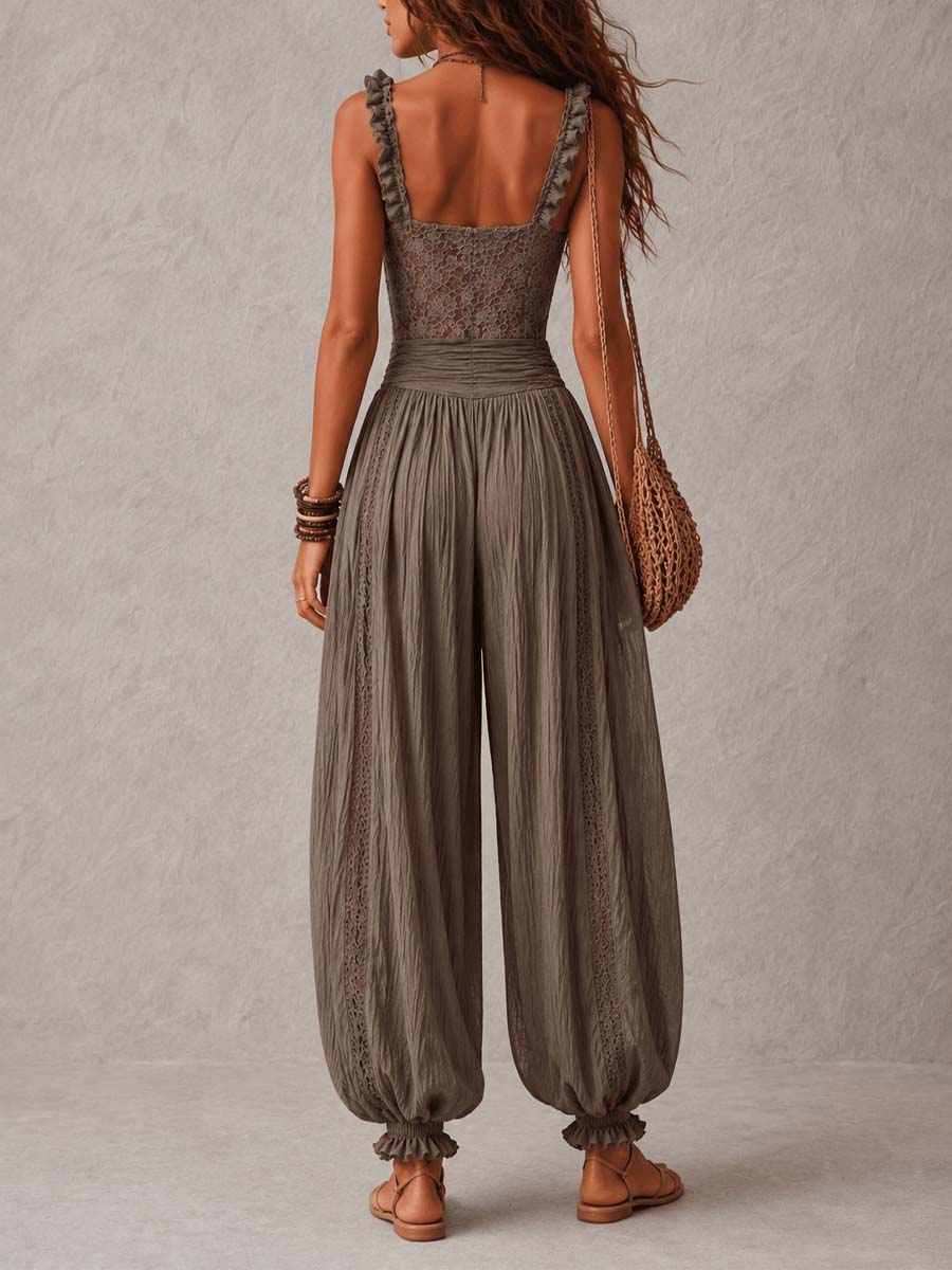 Nieves | Ensemble bandeau en dentelle grise et pantalon sarouel en coton plissé