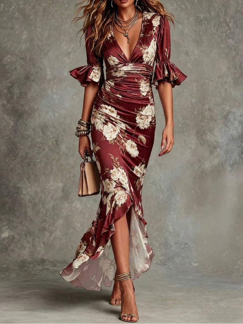 Camelia | Robe en satin à motif floral