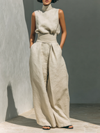 Maria - Ensemble débardeur et pantalon large en coton et lin minimaliste pour femme