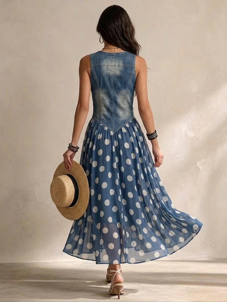 Joline | Langes Denim-Kleid mit Punkten