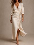 Carine | Robe Midi en Lin Naturel avec Décolleté Croisé et Dentelle