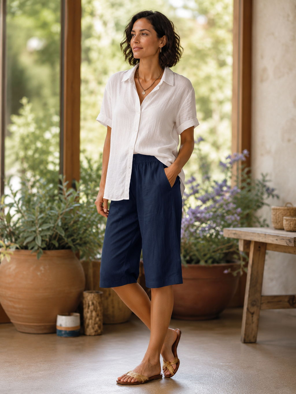 Pantalon Capri Lin en Coton