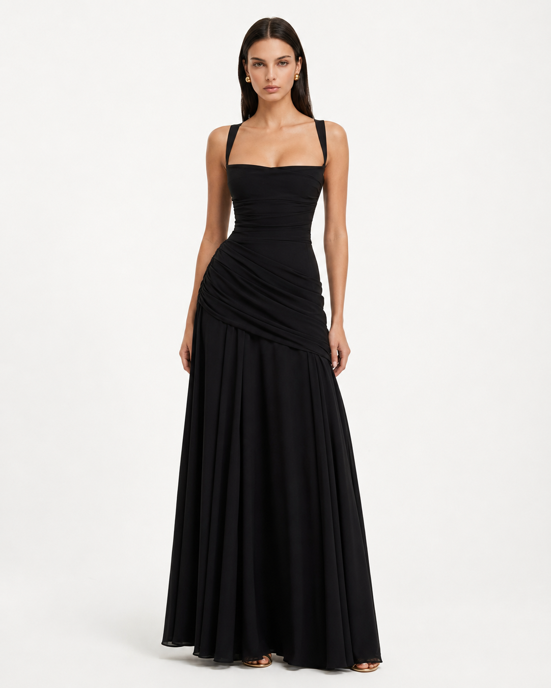 Babette | Maxikleid mit eckigem, gerafftem Ausschnitt