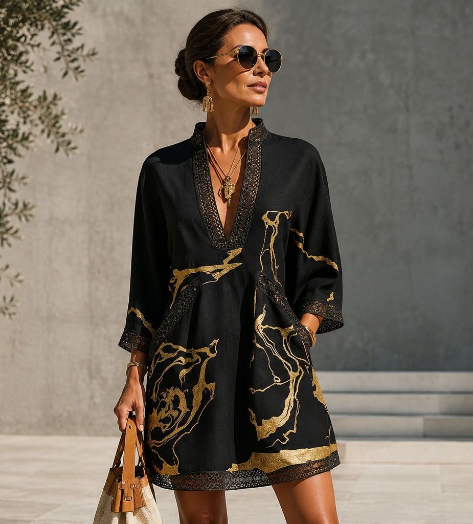 Diana | Robe courte imprimée noire et dorée avec col en V et dentelle au crochet