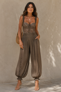 Nieves | Ensemble bandeau en dentelle grise et pantalon sarouel en coton plissé