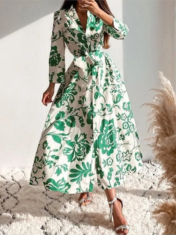Fashion Elegant Casual Dresses New Autumn Women's Printed Waist-hugging Long-sleeved Shirt Dress Lady Office  Holiday Dress Robe