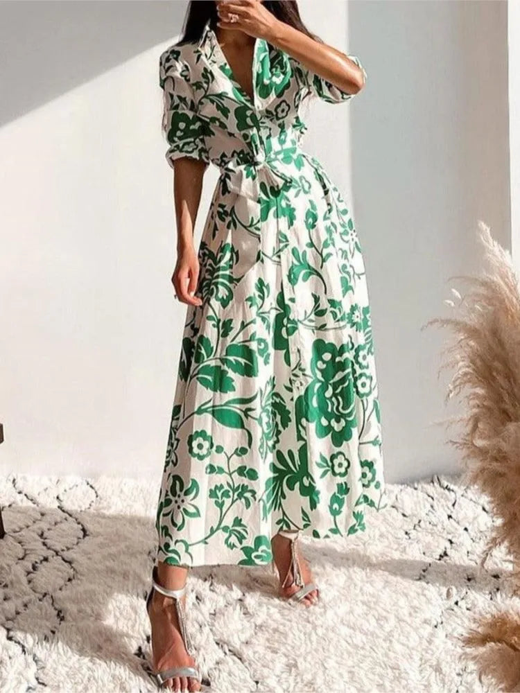 Fashion Elegant Casual Dresses New Autumn Women's Printed Waist-hugging Long-sleeved Shirt Dress Lady Office  Holiday Dress Robe