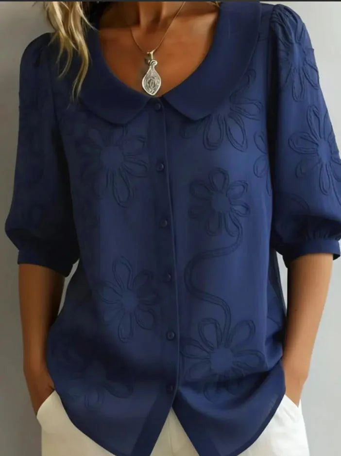 Single-breasted U-neck Mid-sleeve Embroidered Floral Retro Shirt Top Women's Summer New Office Commuting Loose Solid Color Shirt