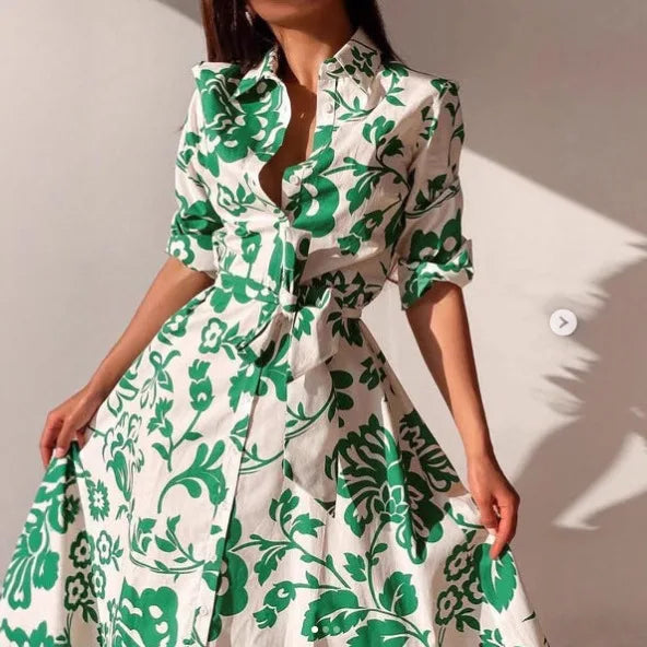 Fashion Elegant Casual Dresses New Autumn Women's Printed Waist-hugging Long-sleeved Shirt Dress Lady Office  Holiday Dress Robe