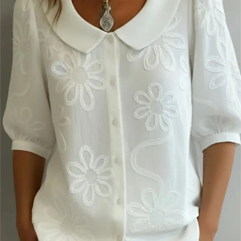 Single-breasted U-neck Mid-sleeve Embroidered Floral Retro Shirt Top Women's Summer New Office Commuting Loose Solid Color Shirt