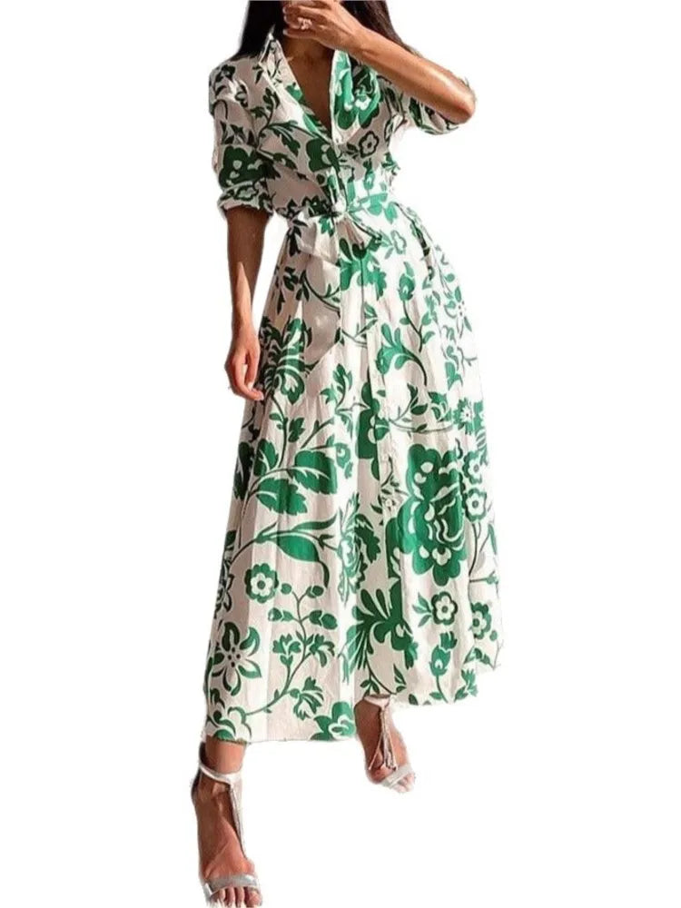 Fashion Elegant Casual Dresses New Autumn Women's Printed Waist-hugging Long-sleeved Shirt Dress Lady Office  Holiday Dress Robe