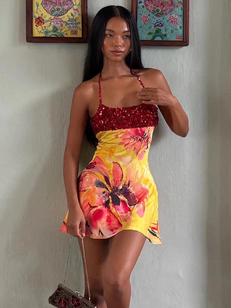 Floral Print Backless Dress Women Trend Halter Sequin Patchwork Bandages Sleeveless Stretch Sexy Vacation Bodycon