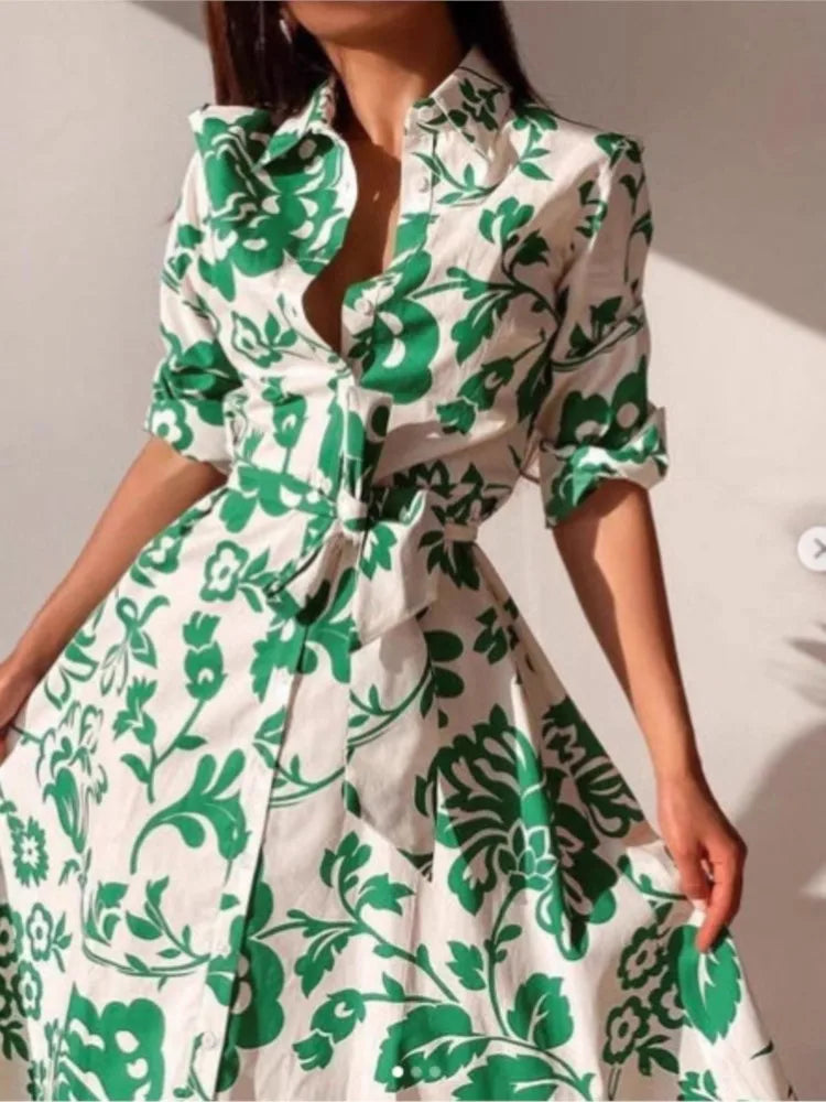 Fashion Elegant Casual Dresses New Autumn Women's Printed Waist-hugging Long-sleeved Shirt Dress Lady Office  Holiday Dress Robe