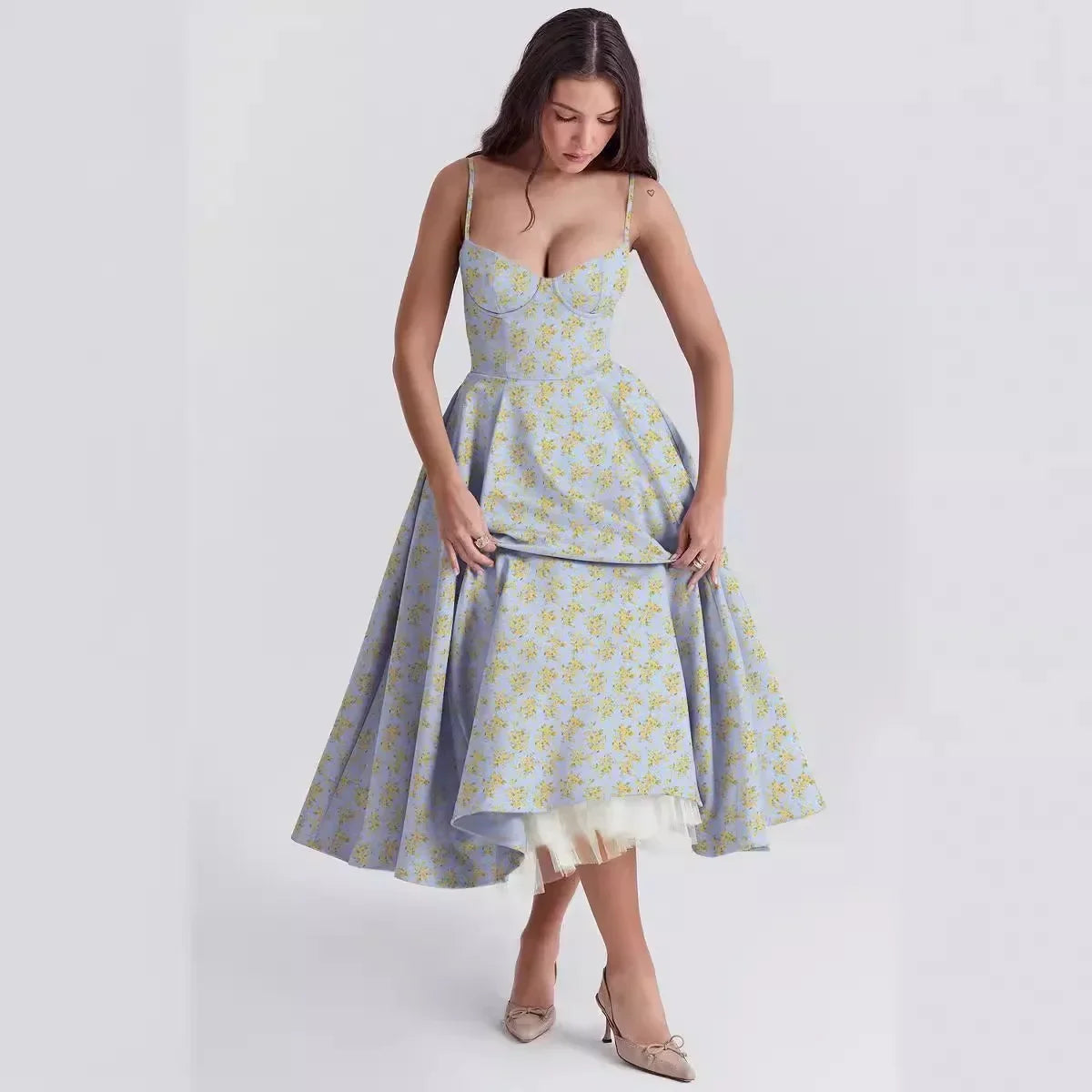 Pendulum Double-layer Suspender Dress Princess Dress Women Summer Sexy French Mesh Sleeveless Spaghetti Strap Maxi Camis Dress