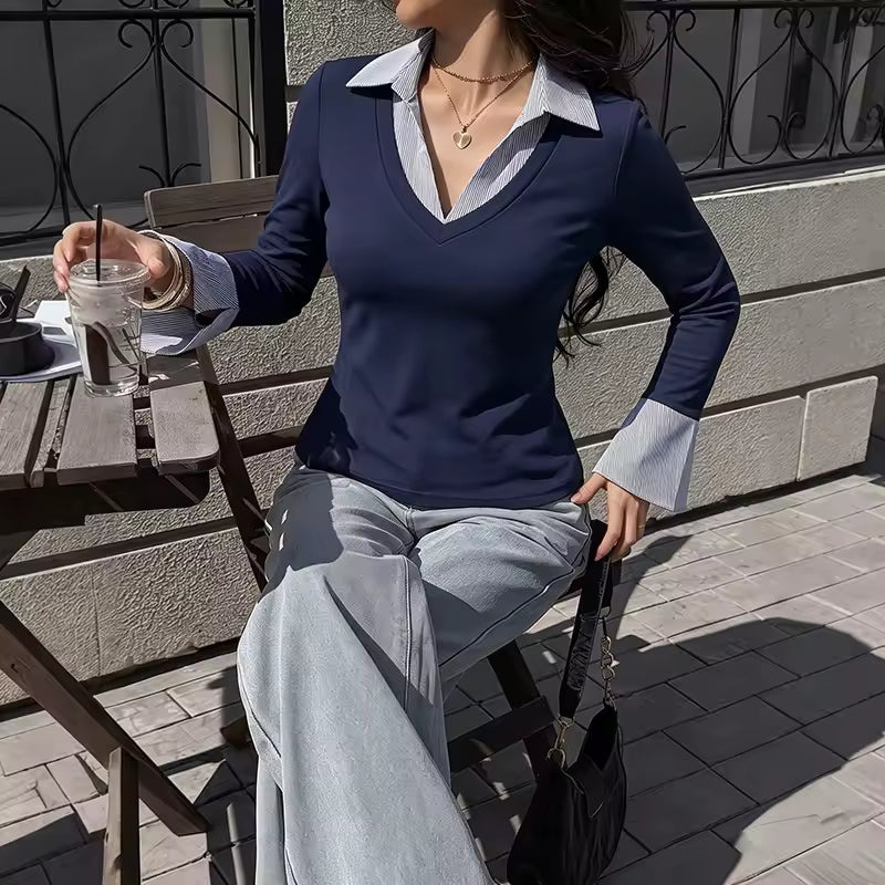 Roxanne Pull en maille élégant à col en V et effet superposé