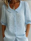 Single-breasted U-neck Mid-sleeve Embroidered Floral Retro Shirt Top Women's Summer New Office Commuting Loose Solid Color Shirt