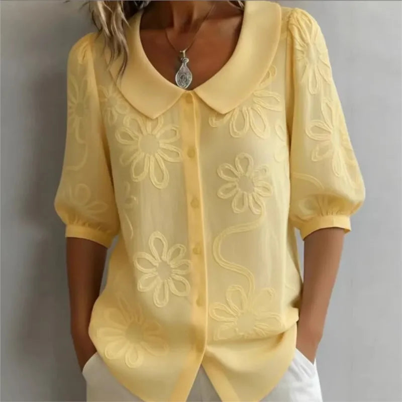 Single-breasted U-neck Mid-sleeve Embroidered Floral Retro Shirt Top Women's Summer New Office Commuting Loose Solid Color Shirt
