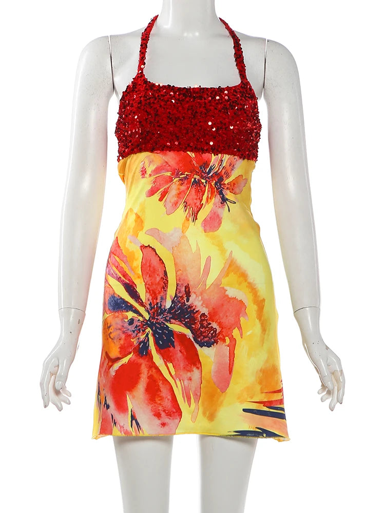 Floral Print Backless Dress Women Trend Halter Sequin Patchwork Bandages Sleeveless Stretch Sexy Vacation Bodycon