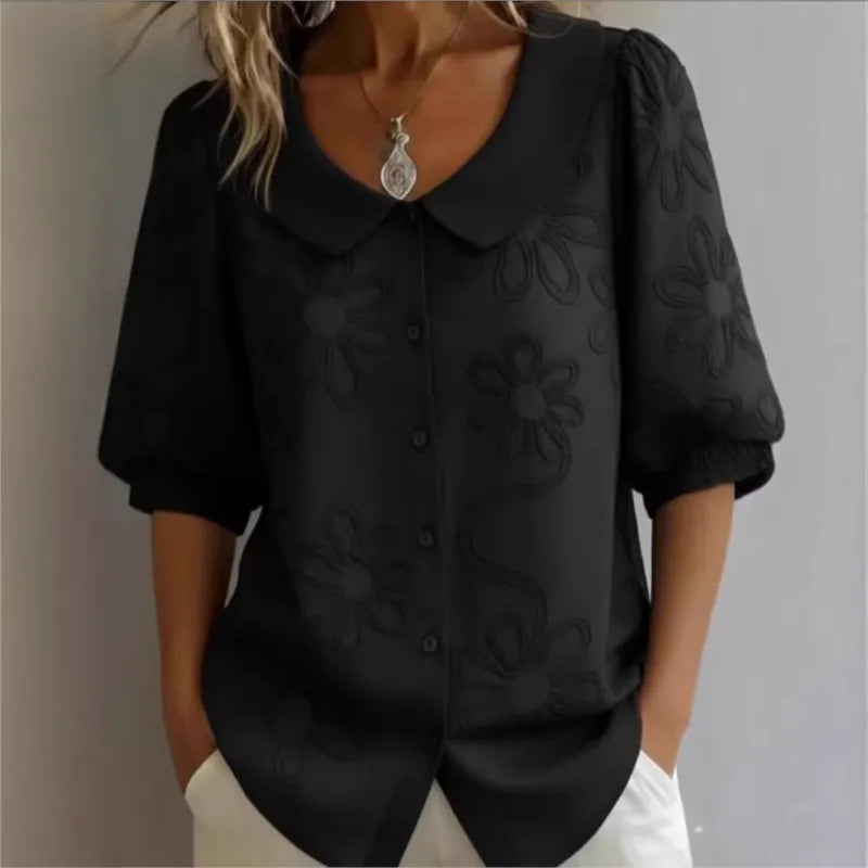 Single-breasted U-neck Mid-sleeve Embroidered Floral Retro Shirt Top Women's Summer New Office Commuting Loose Solid Color Shirt