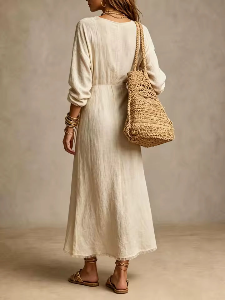 Carine | Robe Midi en Lin Naturel avec Décolleté Croisé et Dentelle