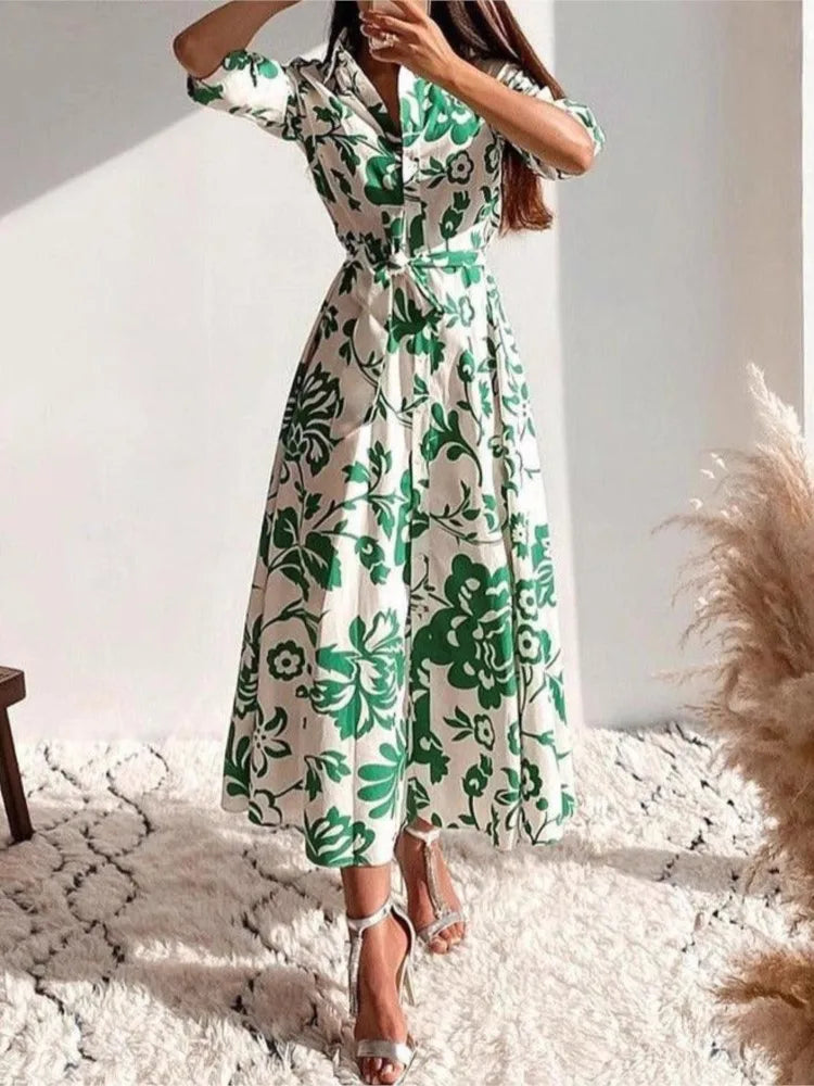 Fashion Elegant Casual Dresses New Autumn Women's Printed Waist-hugging Long-sleeved Shirt Dress Lady Office  Holiday Dress Robe