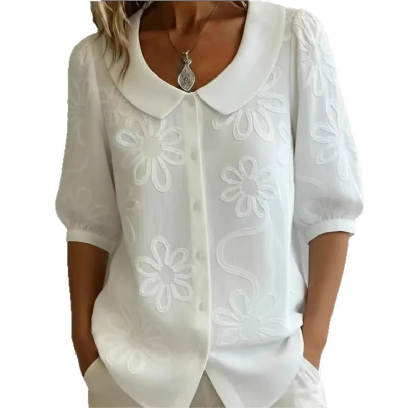 Single-breasted U-neck Mid-sleeve Embroidered Floral Retro Shirt Top Women's Summer New Office Commuting Loose Solid Color Shirt