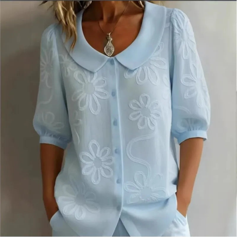 Single-breasted U-neck Mid-sleeve Embroidered Floral Retro Shirt Top Women's Summer New Office Commuting Loose Solid Color Shirt