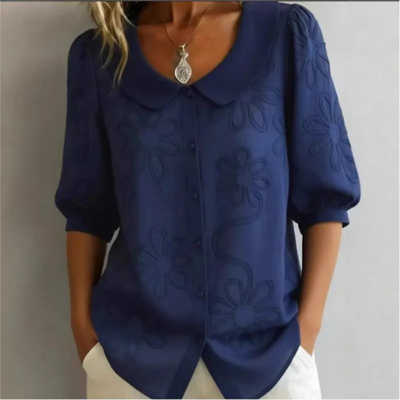 Single-breasted U-neck Mid-sleeve Embroidered Floral Retro Shirt Top Women's Summer New Office Commuting Loose Solid Color Shirt
