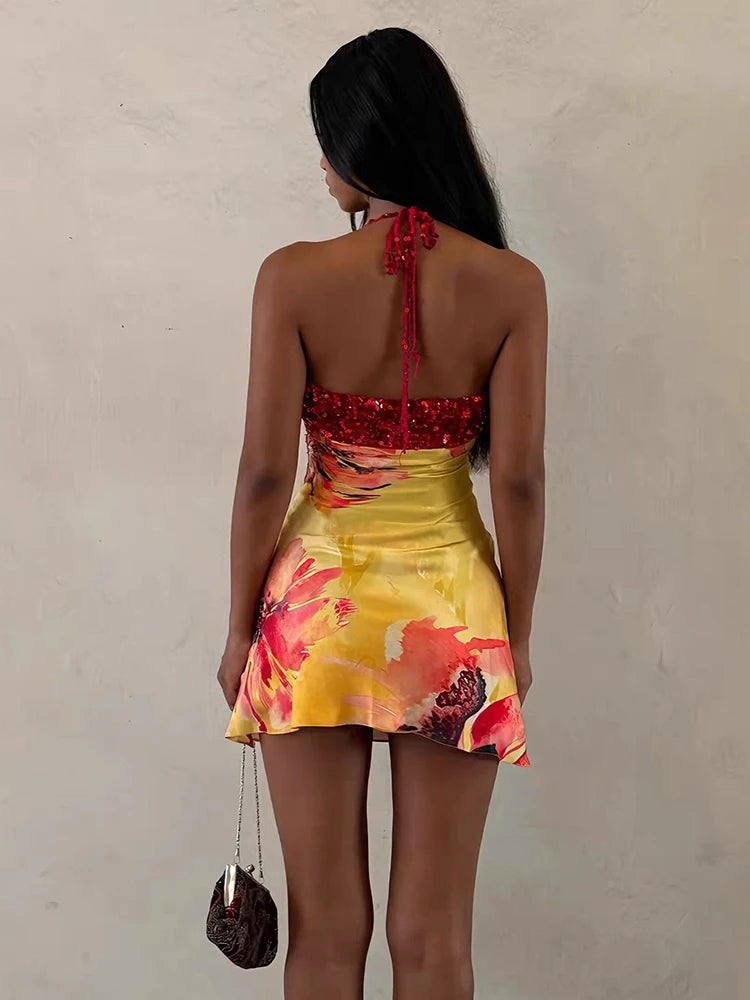 Floral Print Backless Dress Women Trend Halter Sequin Patchwork Bandages Sleeveless Stretch Sexy Vacation Bodycon