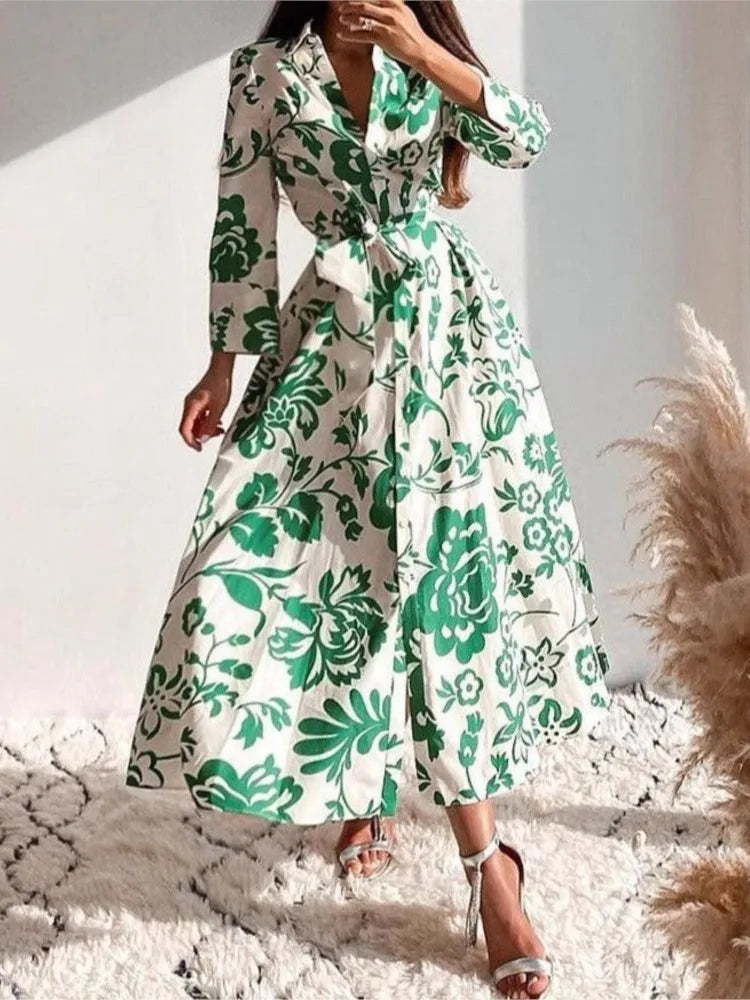 Fashion Elegant Casual Dresses New Autumn Women's Printed Waist-hugging Long-sleeved Shirt Dress Lady Office  Holiday Dress Robe