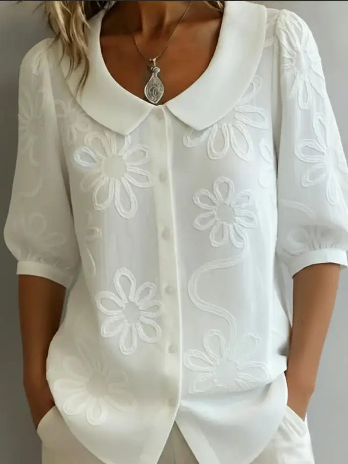 Single-breasted U-neck Mid-sleeve Embroidered Floral Retro Shirt Top Women's Summer New Office Commuting Loose Solid Color Shirt