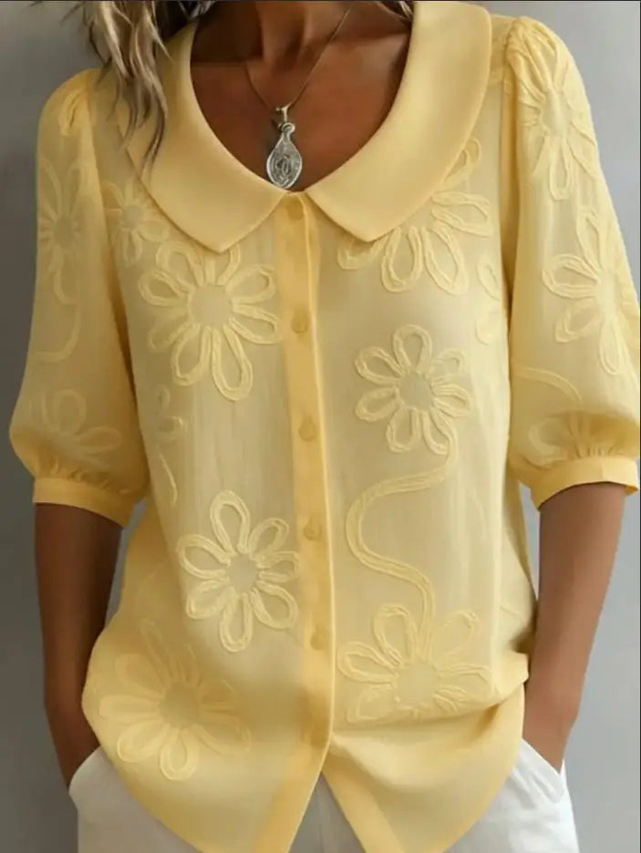 Single-breasted U-neck Mid-sleeve Embroidered Floral Retro Shirt Top Women's Summer New Office Commuting Loose Solid Color Shirt