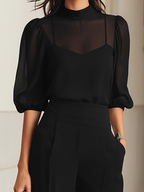 Valentina • Ensemble de trois pièces noir, composé d'un top camisole transparent et de pantalons à jambe large
