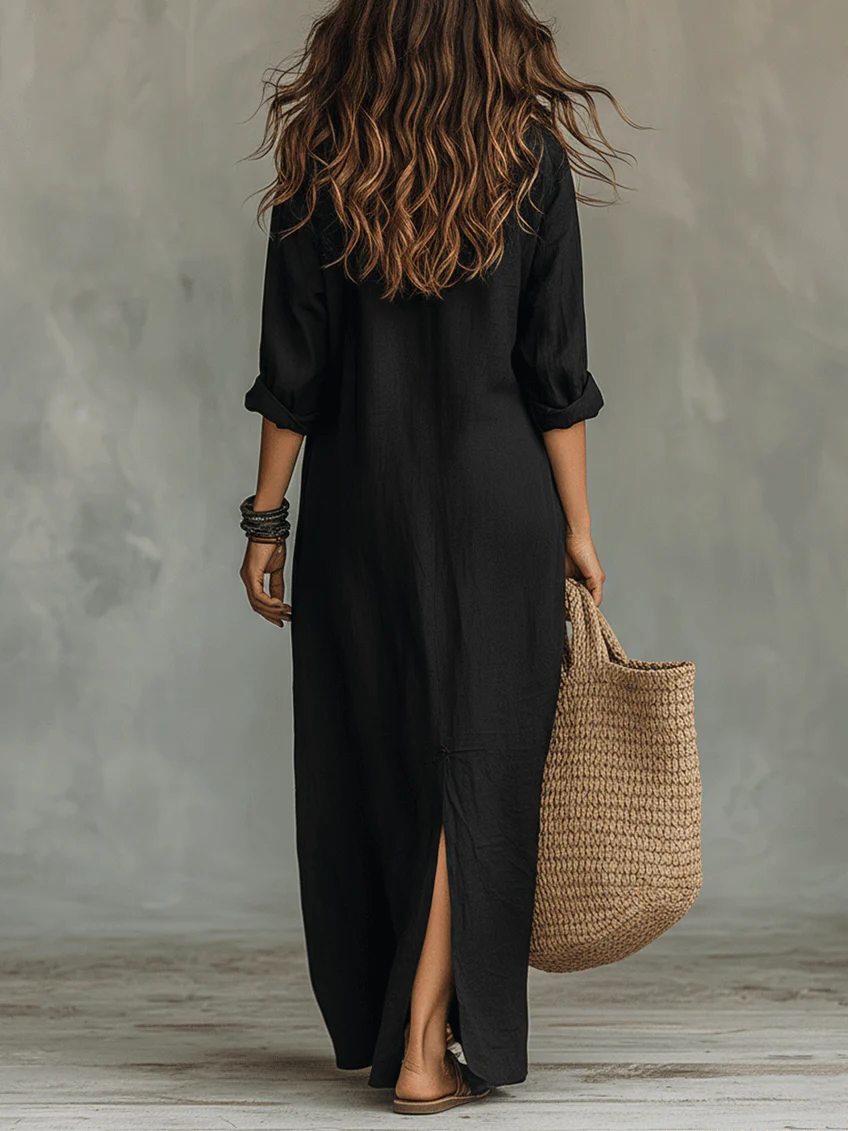 Claudia | Robe longue noire ample boutonnée