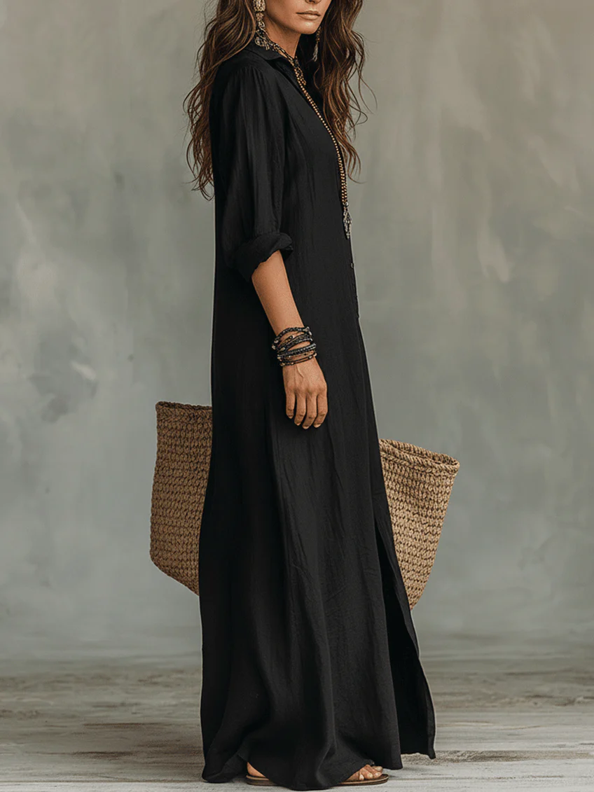Claudia | Robe longue noire ample boutonnée