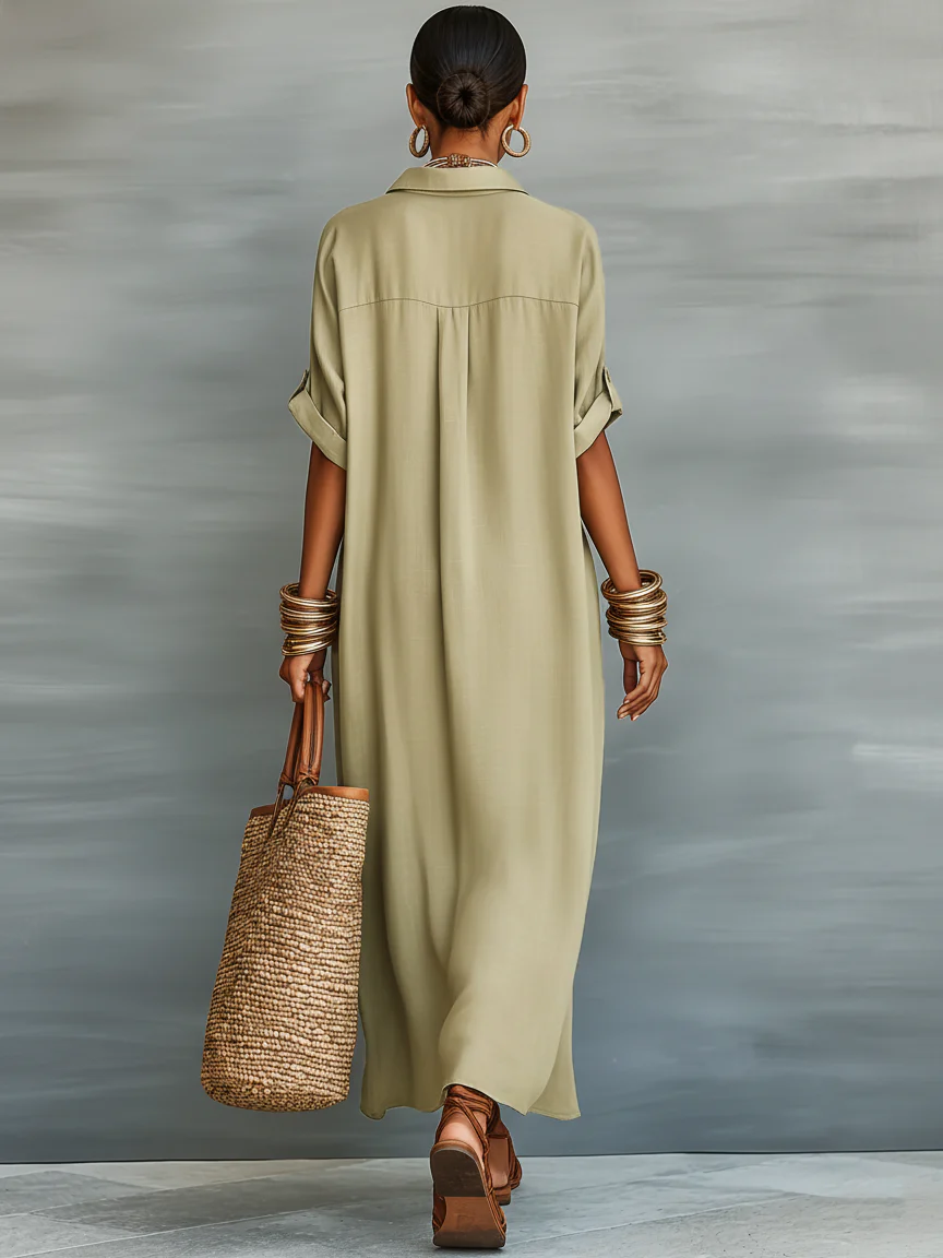 Manelle™ | Olijfgroene Maxi Jurk met Minimalistische Lijn